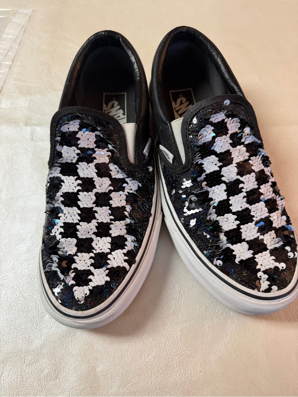Vans Women’s Slip-On Sequin Checkerboard Sneakers - Black & White